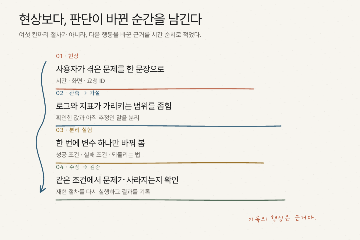 CPU 100%라는 현상에서 관측, 가설, 분리 실험, 원인 수정, 검증으로 이어지는 디버깅 기록 흐름