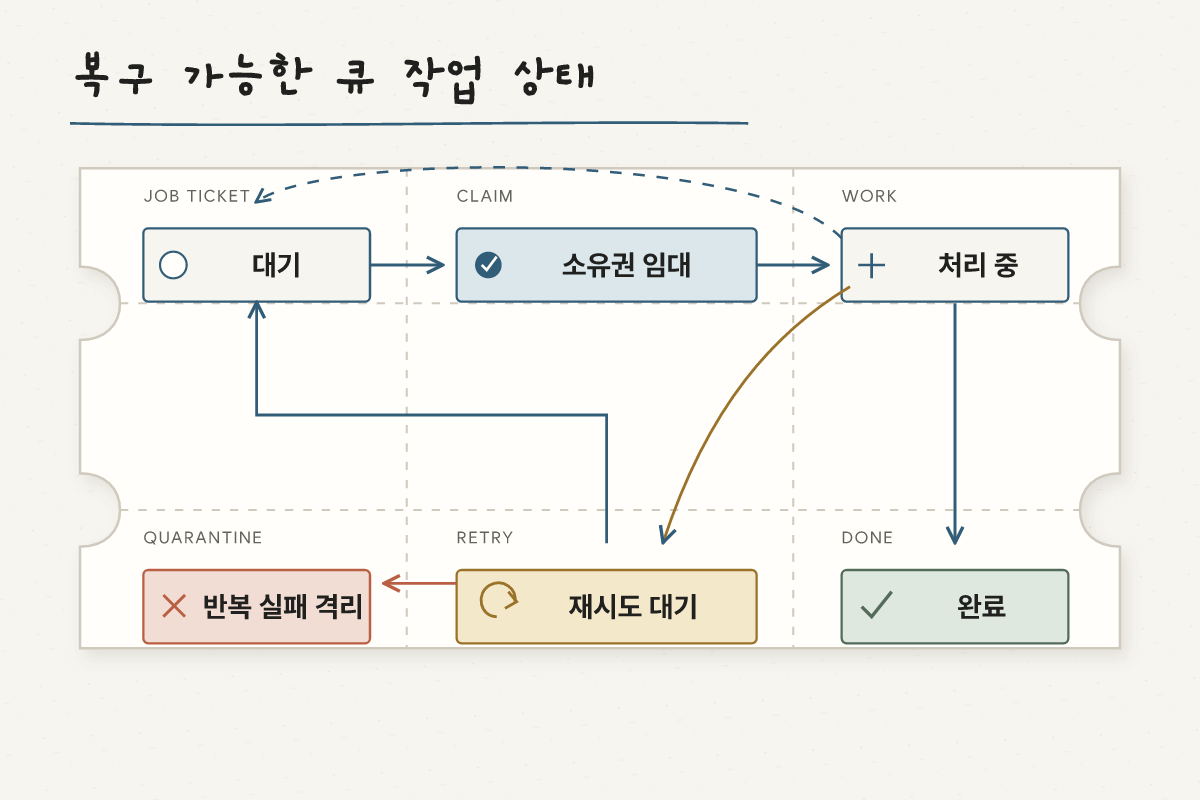 큐의 작업이 소유권을 얻어 처리된 뒤 완료되거나 재시도·격리되고, 워커가 멈추면 임대 만료 후 대기로 돌아가는 흐름