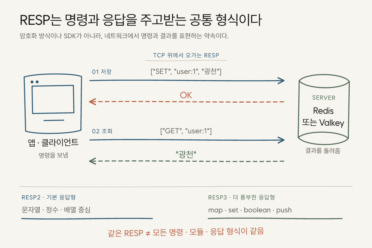 Node.js 애플리케이션의 Redis 클라이언트가 SET과 GET 명령을 RESP 메시지로 바꿔 Redis 또는 Valkey 서버에 보내고 서버가 OK와 저장된 문자열을 돌려주는 왕복 흐름, RESP2와 RESP3의 응답 자료형 차이